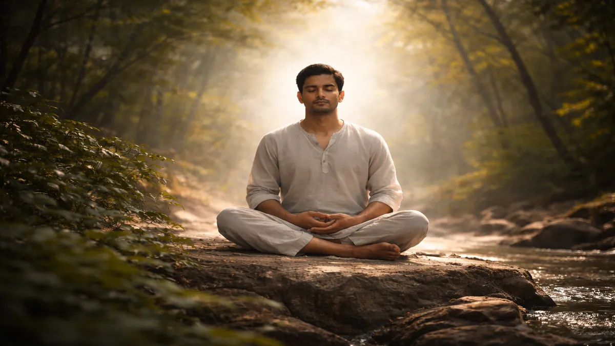 शांत वातावरण में ध्यान करता हुआ व्यक्ति और आत्मिक शांति