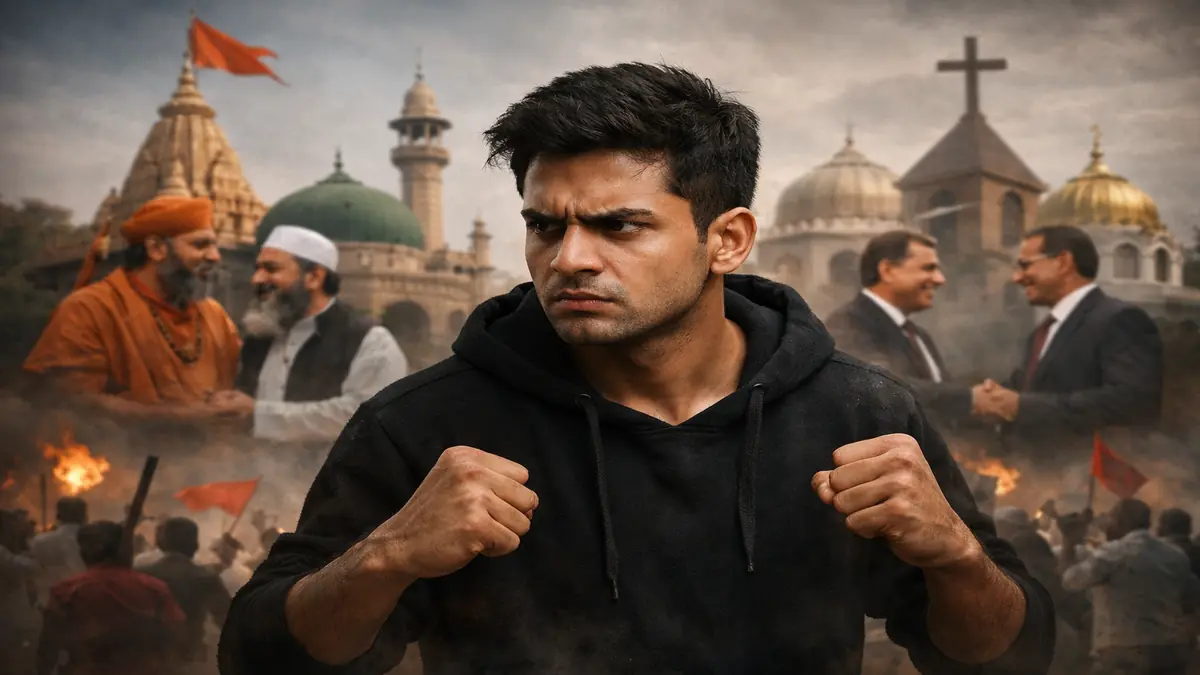 धर्म और राजनीति के बीच फंसा हुआ आम इंसान, पीछे धार्मिक प्रतीक और सत्ता की भूमिका दर्शाती छवि