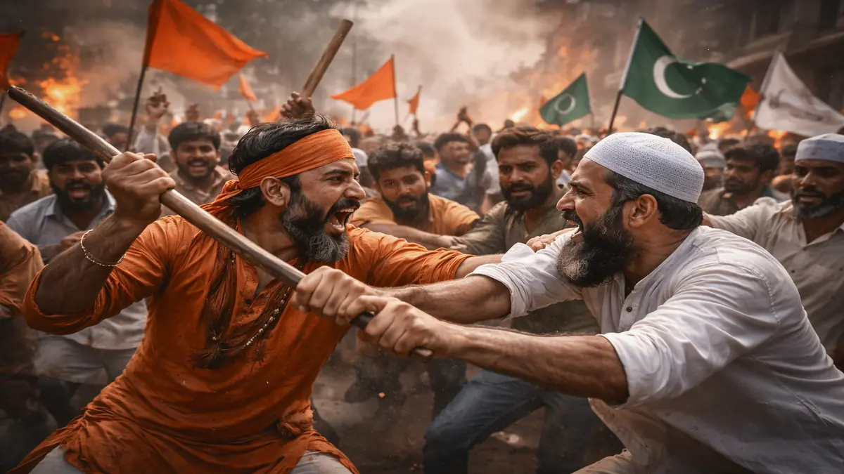 धर्म के नाम पर आपस में लड़ते हिंदू और मुस्लिम समुदाय के लोग, धार्मिक नफरत और सामाजिक टकराव का दृश्य