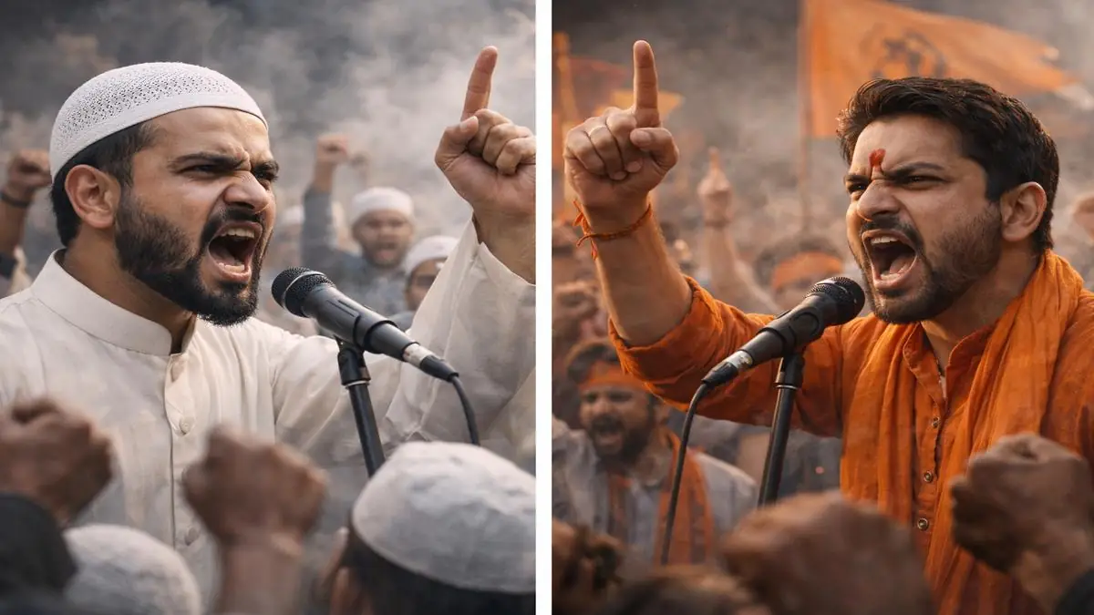 धर्म के नाम पर भड़काऊ भाषण देते हुए हिंदू और मुस्लिम नेता, जो कट्टरता और नफ़रत की राजनीति को दर्शाते हैं