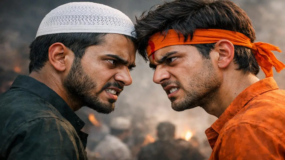 धार्मिक कट्टरता से प्रभावित एक हिंदू और एक मुस्लिम नौजवान, गुस्से और टकराव की मानसिकता को दर्शाते हुए