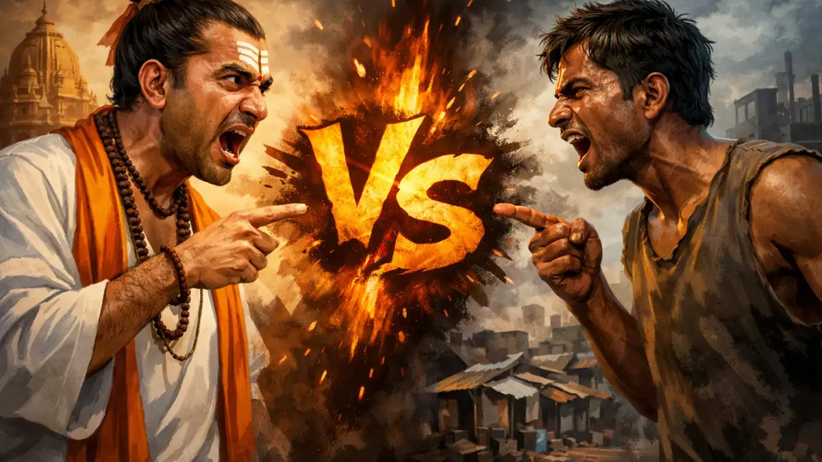 Brahmin and Dalit arguing face to face, symbolizing caste conflict and social tension in Indian society