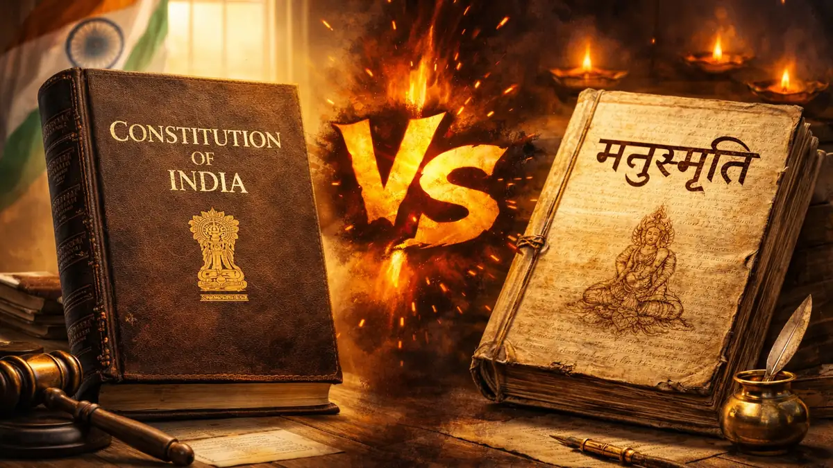 Constitution of India versus Manusmriti, symbolizing equality versus caste-based social laws
