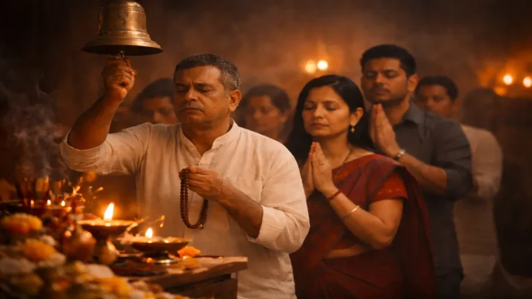 मंदिर में पूजा करते श्रद्धालु और धार्मिक कर्मकांड का दृश्य