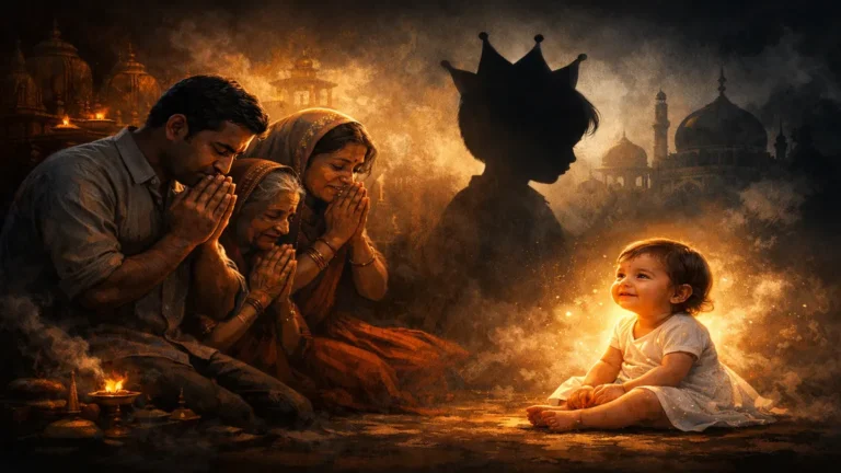 Indian family praying for a baby boy while a glowing baby girl is ignored, symbolizing gender bias, patriarchy and social ego