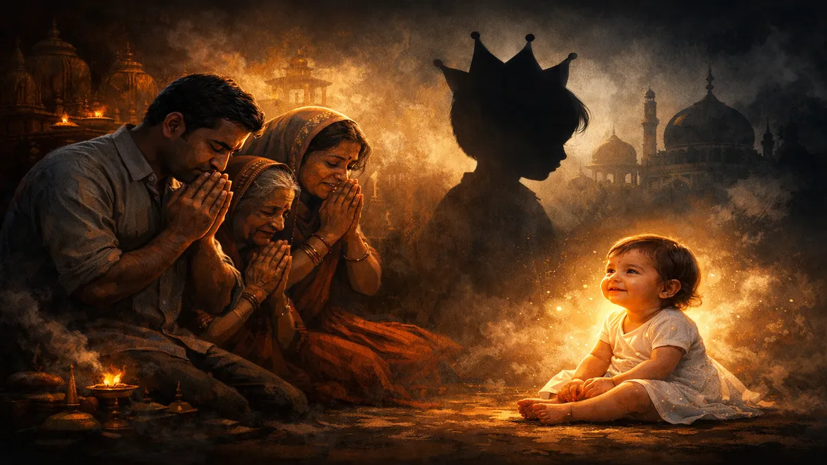 Indian family praying for a baby boy while a glowing baby girl is ignored, symbolizing gender bias, patriarchy and social ego