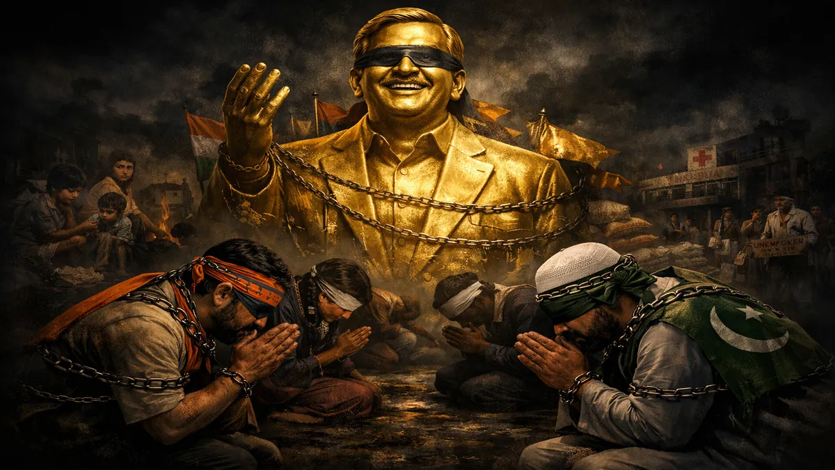 भारतीय समाज में राजनीतिक अंधभक्ति दिखाती हुई तस्वीर, जहाँ हिंदू और मुसलमान आंखों पर पट्टी बांधकर एक नेता की मूर्ति की पूजा कर रहे हैं और पीछे गरीबी व बेरोजगारी छुप रही है।