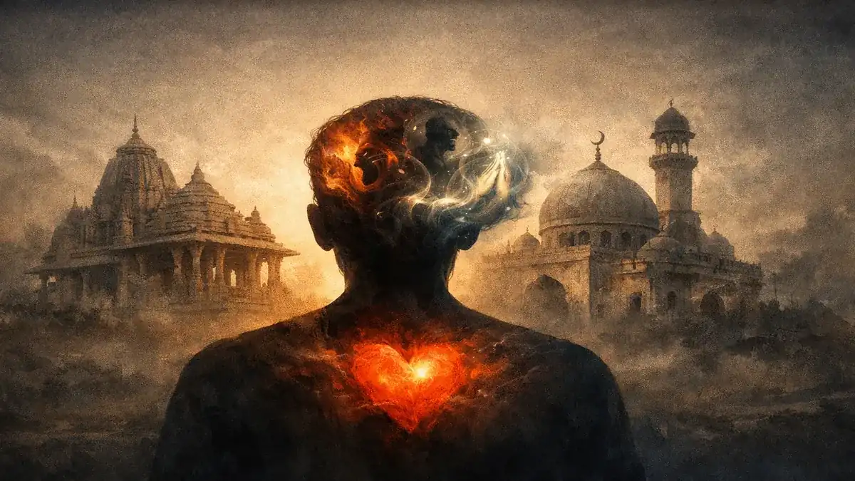 मंदिर और मस्जिद के सामने खड़ा मानव, जहाँ ईश्वर नहीं बल्कि इंसानी भावनाएँ दिखाई देती हैं