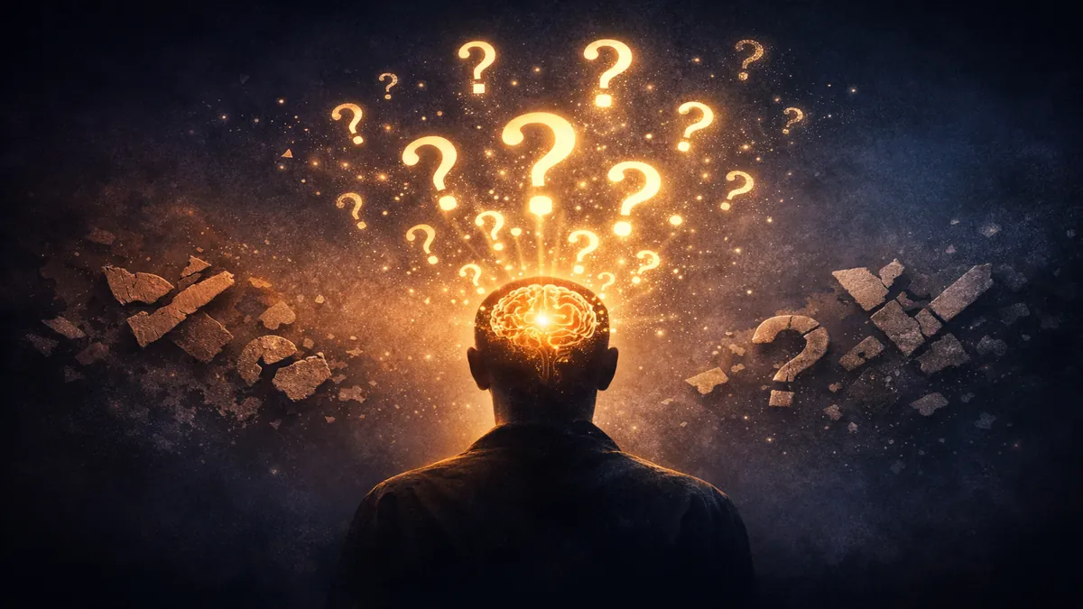A symbolic illustration of a human figure in darkness with a glowing brain emitting radiant question marks, representing that true knowledge generates curiosity and questions rather than final answers.