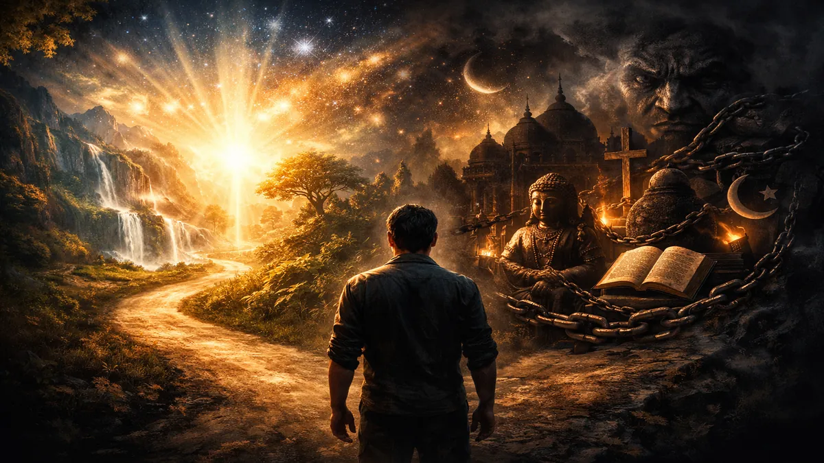 एक व्यक्ति दो रास्तों के बीच खड़ा है — एक ओर प्रकाश, प्रकृति और ब्रह्मांडीय चेतना (परमात्मा) की ओर जाता मार्ग और दूसरी ओर अंधेरे में डूबे मंदिर, मूर्तियाँ और धार्मिक प्रतीक, जो भ्रम और अहंकार को दर्शाते हैं।