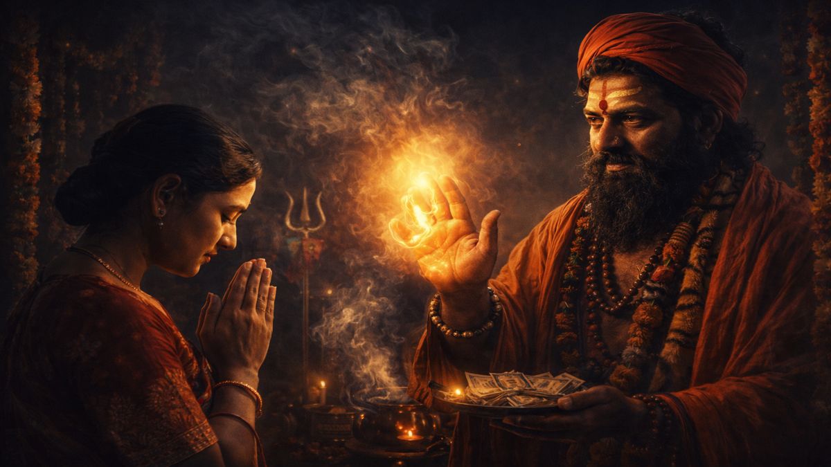 चमत्कार का ढोंग करता एक पाखंडी साधु और हाथ जोड़कर खड़ी महिला, अंधविश्वास और तर्क के टकराव को दर्शाती इमेज