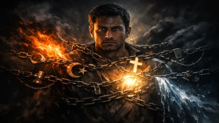 एक जागरूक इंसान जो धर्म, कानून और सामाजिक नियमों की जंजीरों में जकड़ा हुआ है, जबकि उसके भीतर से क्रोध (आग), प्रेम (प्रकाश), दुख (पानी) और भय (छाया) जैसी भावनाएँ बाहर निकलने की कोशिश कर रही हैं — चेतना और दमन के संघर्ष का प्रतीकात्मक दृश्य।