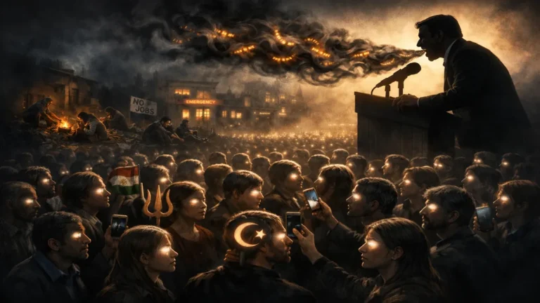 भीड़ एक नेता की बात को सच मानते हुए दिख रही है जबकि पीछे असली सामाजिक समस्याएं अंधेरे में छुपी हैं, यह झूठ और भीड़ की मानसिकता को दर्शाता हुआ चित्र।