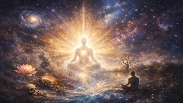 ध्यान में बैठी प्रकाशमय चेतना, चारों ओर ब्रह्मांडीय ऊर्जा, जीवन और मृत्यु का प्रतीक कमल और खोपड़ी — चैतन्य ब्रह्म की एकता दर्शाता आध्यात्मिक दृश्य