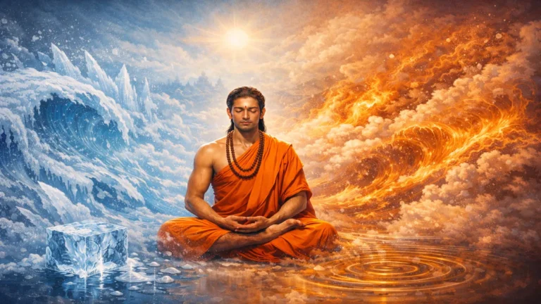 समाधि में स्थिर मन का प्रतीकात्मक चित्र, जहाँ जमी हुई और पिघलती मानसिक तरंगें दिखाई देती हैं