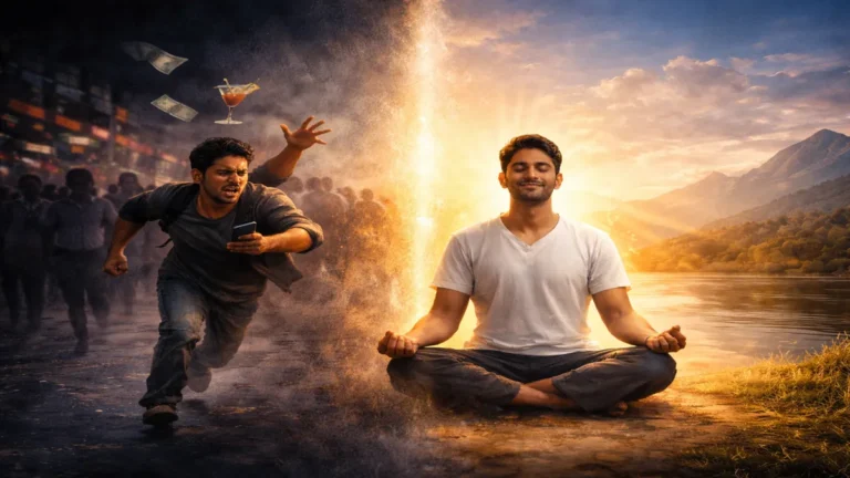 आत्मज्ञान और परमानंद का अंतर दर्शाता हुआ चित्र, एक ओर वासनाओं और अशांति में भागता हुआ व्यक्ति, दूसरी ओर ध्यान में बैठा शांत व्यक्ति और आंतरिक आनंद का अनुभव