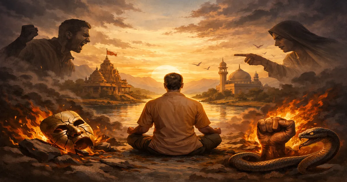 A calm meditating person surrounded by symbols of religious conflict, ego, anger, and jealousy, representing the loss of inner peace due to religious superiority.