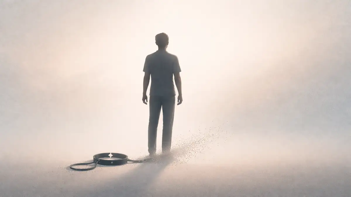 A symbolic minimalist illustration of a person standing free as a broken leash dissolves on the ground, representing liberation from emotional fear and blind religious control.