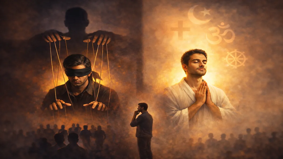 भक्ति बनाम अंधभक्ति का प्रतीकात्मक चित्र