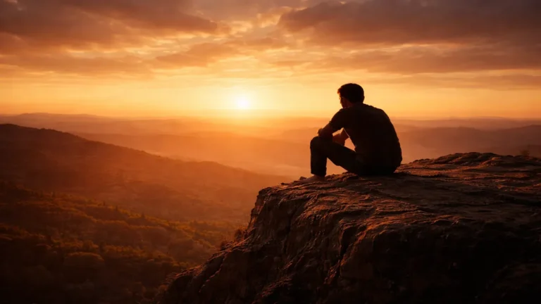 Sunset के समय पहाड़ की चोटी पर बैठा एक अकेला व्यक्ति दूर क्षितिज की ओर देख रहा है, गहरी सोच और आत्मचिंतन का शांत आध्यात्मिक माहौल