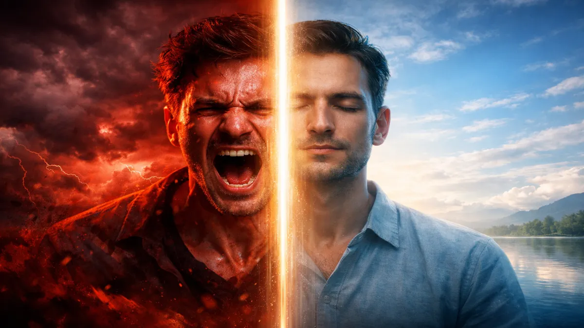 भावनाएं और ज्ञान के बीच अंतर दिखाता हुआ स्प्लिट सीन, एक तरफ व्यक्ति तीव्र भावनाओं में डूबा हुआ लाल और तूफानी माहौल में, दूसरी तरफ वही व्यक्ति शांत ध्यान की अवस्था में नीले और सुकून भरे प्राकृतिक वातावरण में, बीच में चमकती रोशनी संतुलन और जागरूकता का प्रतीक