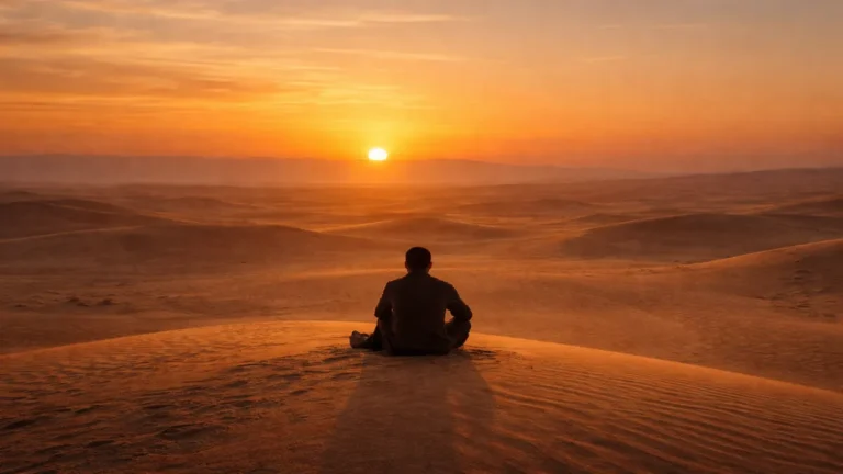 सूर्यास्त के समय विशाल रेगिस्तान में रेत के टीले पर बैठा एक अकेला व्यक्ति, दूर क्षितिज की ओर देखते हुए, भीतर की अधूरी प्यास और आत्म-खोज की भावना को दर्शाता हुआ