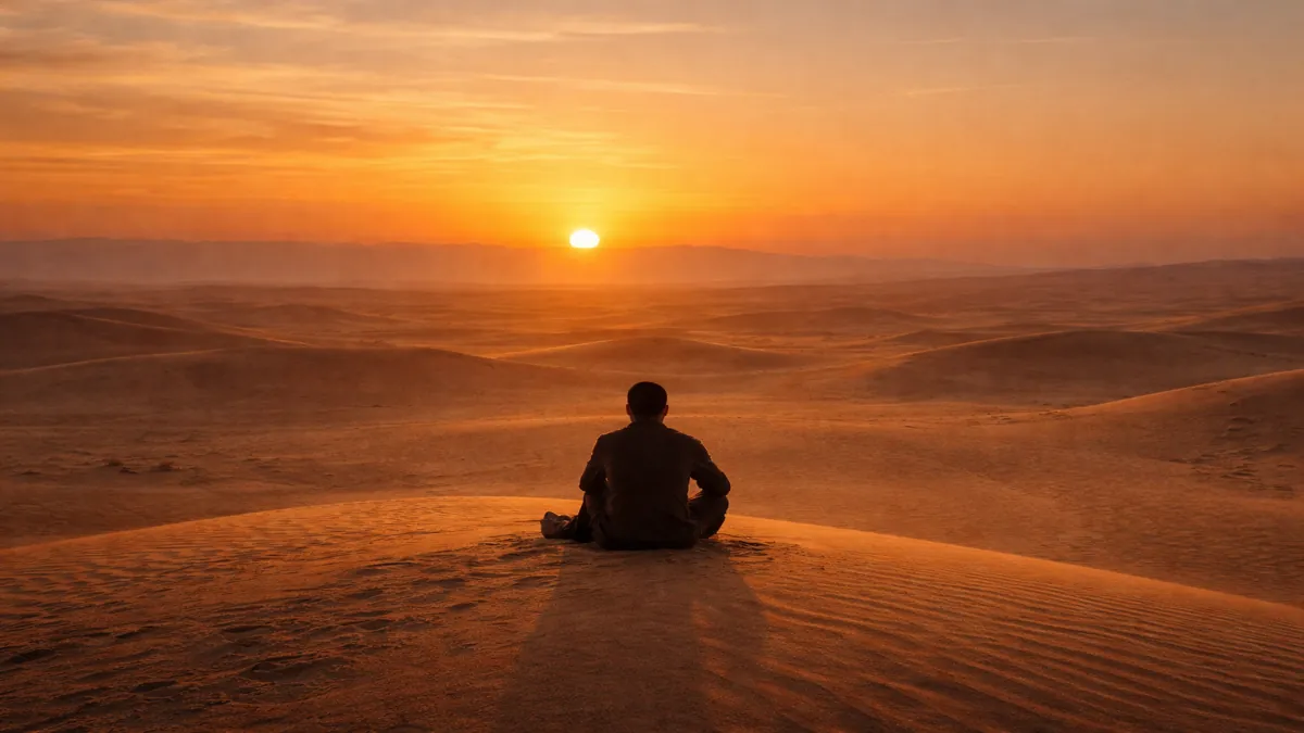 सूर्यास्त के समय विशाल रेगिस्तान में रेत के टीले पर बैठा एक अकेला व्यक्ति, दूर क्षितिज की ओर देखते हुए, भीतर की अधूरी प्यास और आत्म-खोज की भावना को दर्शाता हुआ