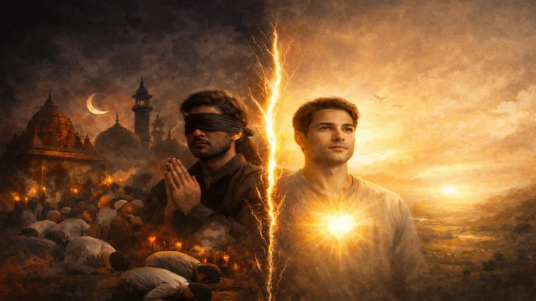 बाहरी धार्मिक कर्मकांड और भीतर की शांति के बीच अंतर दिखाता हुआ स्प्लिट इमेज, एक तरफ अंधानुकरण और दूसरी तरफ आंतरिक जागरूकता व शांति का प्रतीक