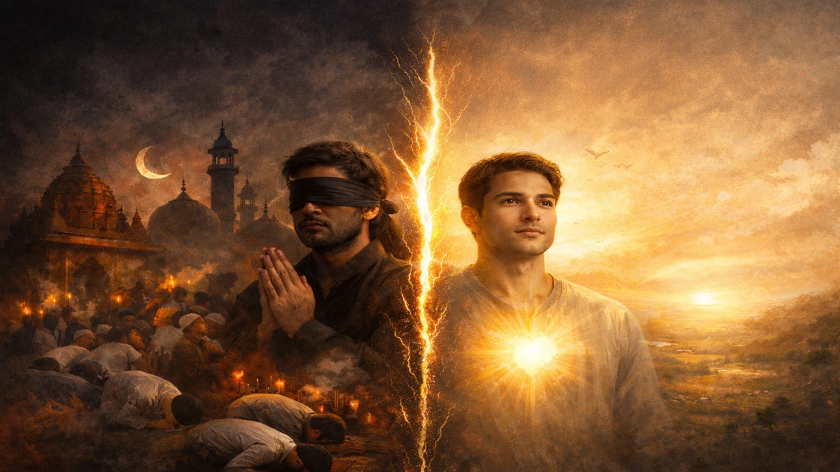 बाहरी धार्मिक कर्मकांड और भीतर की शांति के बीच अंतर दिखाता हुआ स्प्लिट इमेज, एक तरफ अंधानुकरण और दूसरी तरफ आंतरिक जागरूकता व शांति का प्रतीक