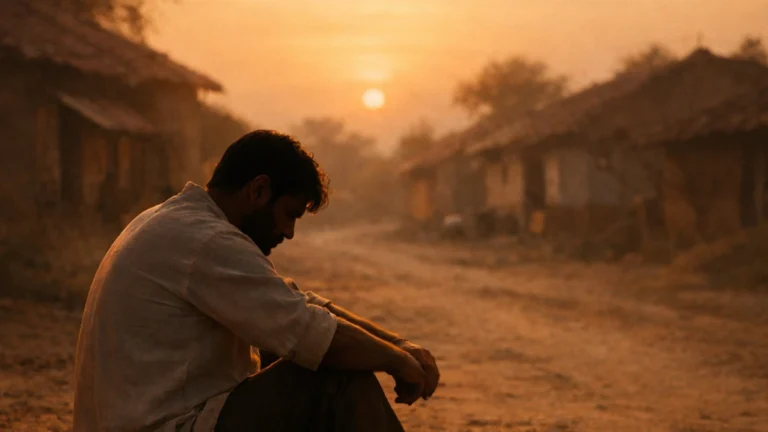 देसी गांव के रास्ते पर ढलते सूरज के समय अकेला बैठा एक आदमी, गहरे विचारों में डूबा हुआ, इज़्ज़त और अहंकार के बोझ को दर्शाता हुआ दृश्य