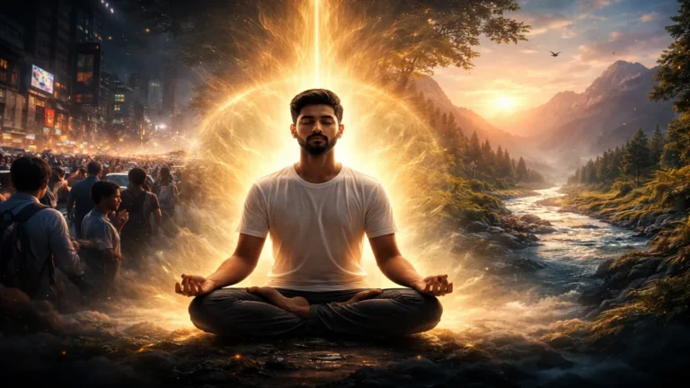 ध्यान में बैठा एक युवा भारतीय व्यक्ति, जिसके एक तरफ भीड़भाड़ और तनाव भरी शहर की जिंदगी और दूसरी तरफ शांत पहाड़, नदी और सूर्योदय का प्राकृतिक दृश्य है, जो आंतरिक जागरूकता और जीवन की गहरी समझ को दर्शाता है।