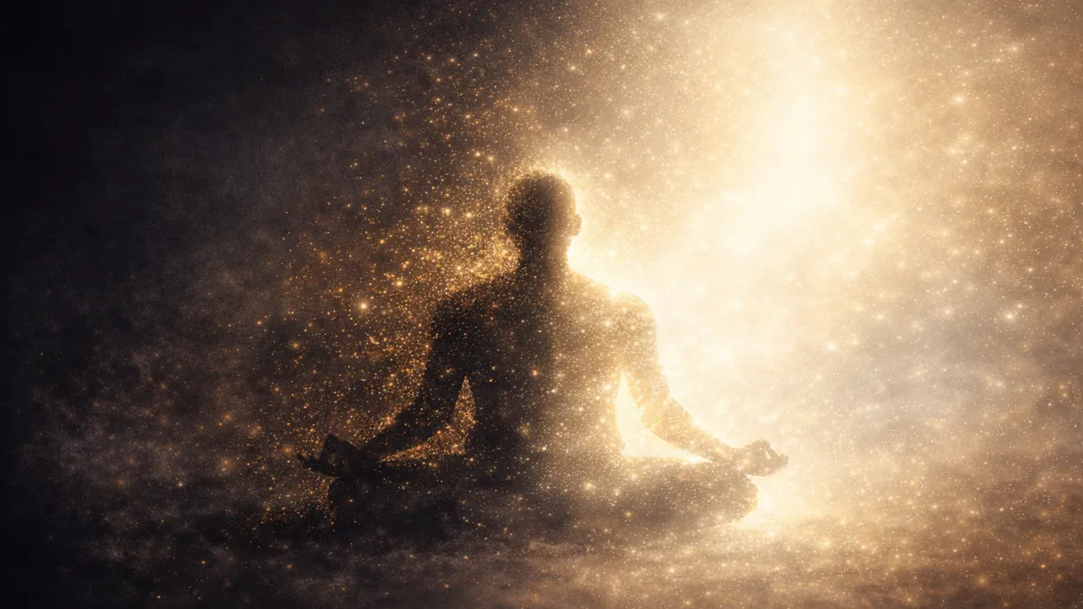 निराकार ध्यान का प्रतीक, ध्यान मुद्रा में बैठा व्यक्ति जो प्रकाश में विलीन हो रहा है, साकार से निराकार की आध्यात्मिक यात्रा