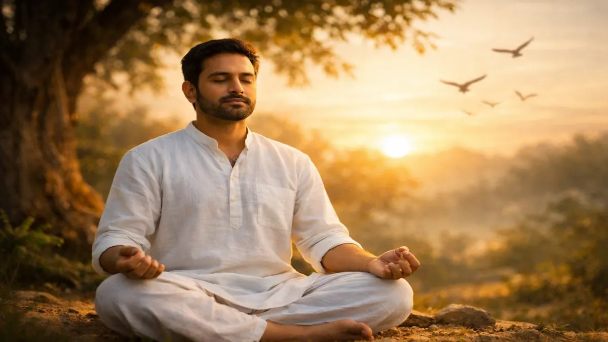 शांत भारतीय पुरुष सफेद कुर्ता पहने पेड़ के नीचे सूर्योदय के समय ध्यान करते हुए, चेहरे पर सुनहरी रोशनी और आध्यात्मिक शांति का भाव