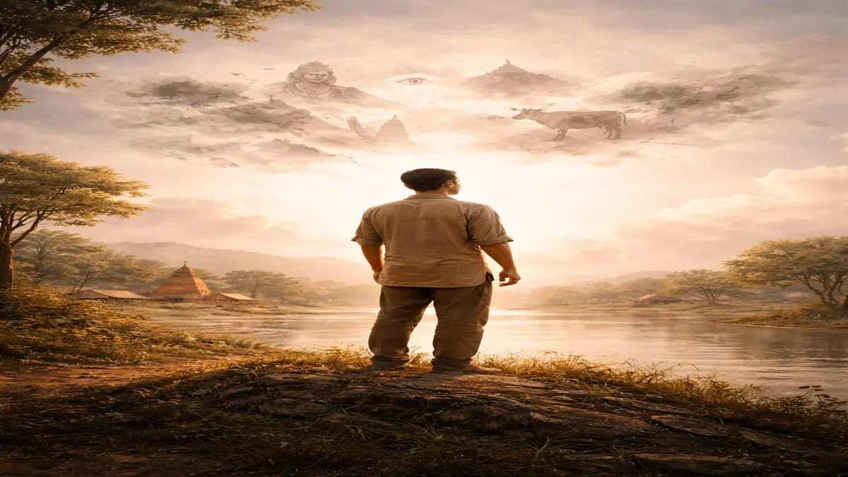 A lone man standing by a river in a calm rural landscape, looking at fading symbolic shapes in the sky, representing the human mind creating stories to find peace when answers are unknown.