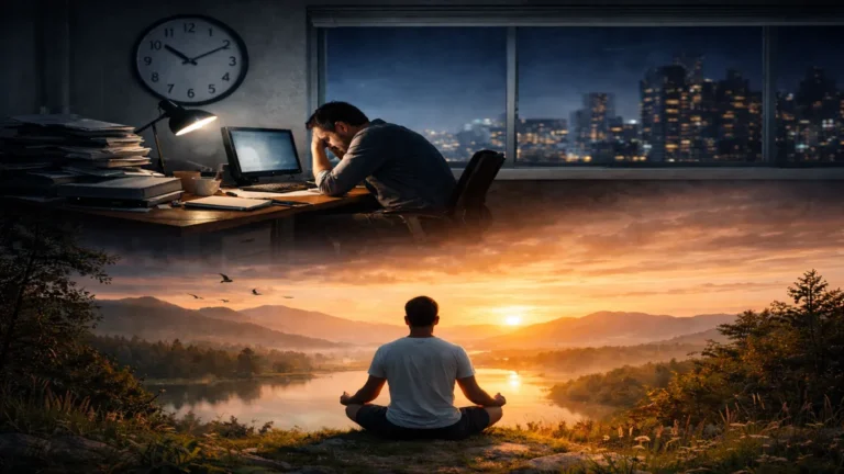 एक थका हुआ ऑफिस कर्मचारी रात में लैपटॉप और कागजों के साथ काम करता हुआ, खिड़की के बाहर शहर की रोशनी, और नीचे सूर्योदय के समय प्रकृति के बीच ध्यान में बैठा शांत व्यक्ति—काम और आंतरिक शांति के बीच संतुलन का प्रतीक।