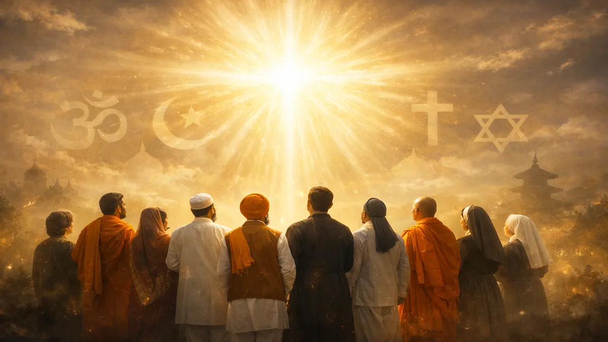 एक ही दिव्य प्रकाश की ओर देखती विभिन्न धर्मों के लोगों की एकता का प्रतीक दृश्य
