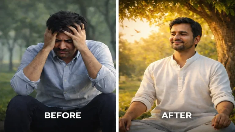 तनाव में परेशान व्यक्ति और बाद में खुश व चिंता मुक्त व्यक्ति का before after दृश्य, प्रकृति के बीच शांत वातावरण में मानसिक शांति दिखाते हुए