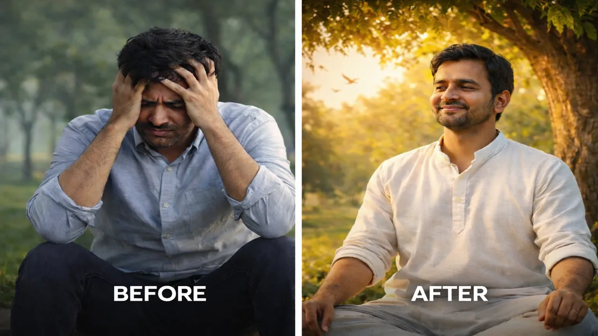 तनाव में परेशान व्यक्ति और बाद में खुश व चिंता मुक्त व्यक्ति का before after दृश्य, प्रकृति के बीच शांत वातावरण में मानसिक शांति दिखाते हुए